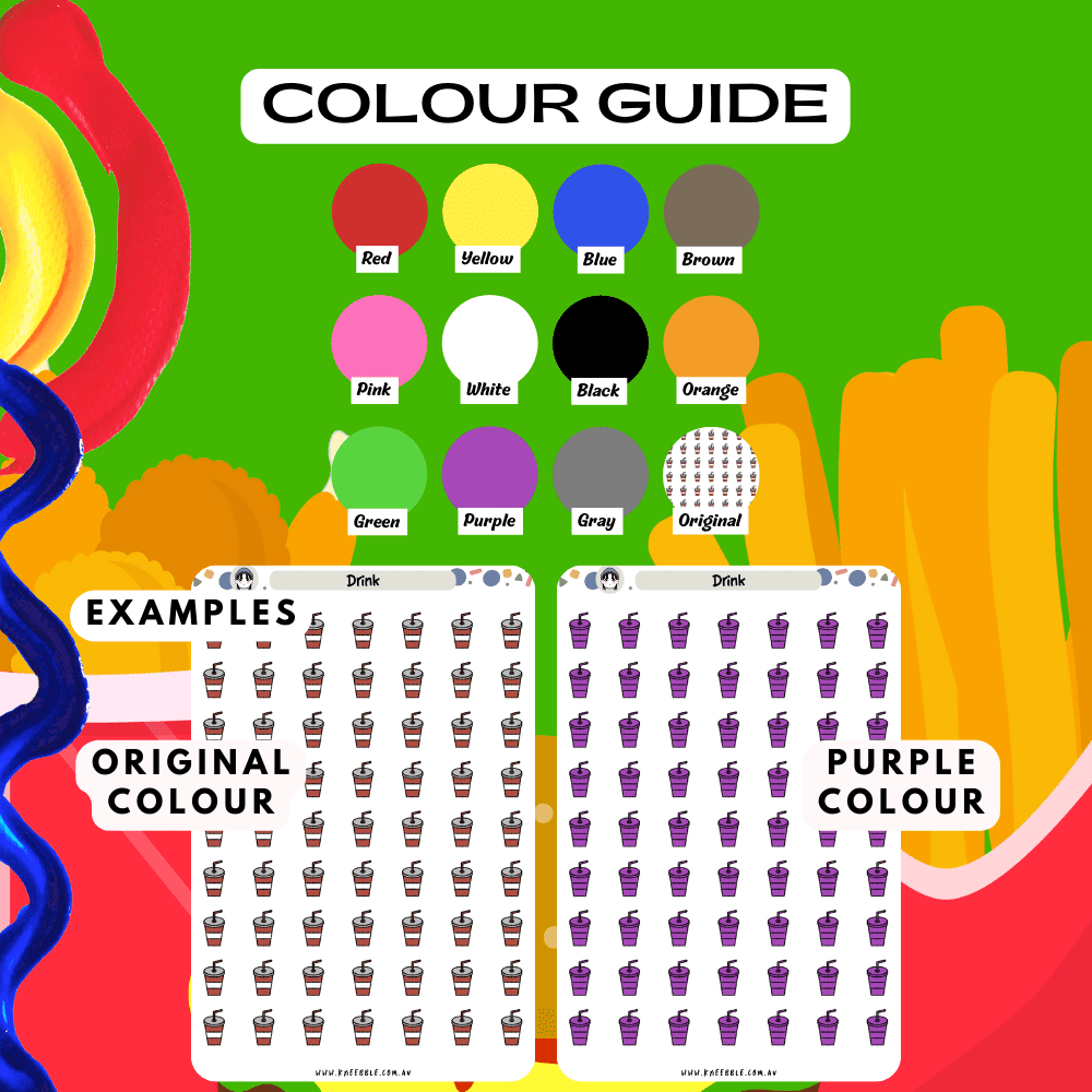 Soft drink sticker sheet colour guide reference, choose from many colours such as purple and red.