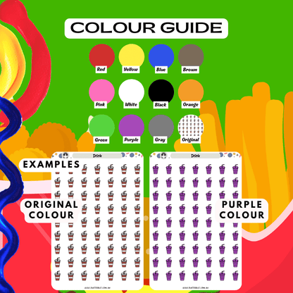 Soft drink sticker sheet colour guide reference, choose from many colours such as purple and red.