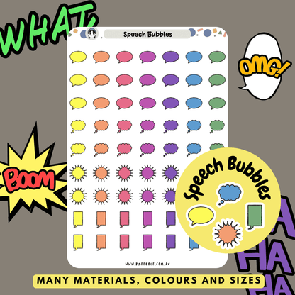 Stickers featuring various speech bubble designs, including comic-style and conversation bubbles, ideal for adding dialogue, captions, or messages to planners and journals.