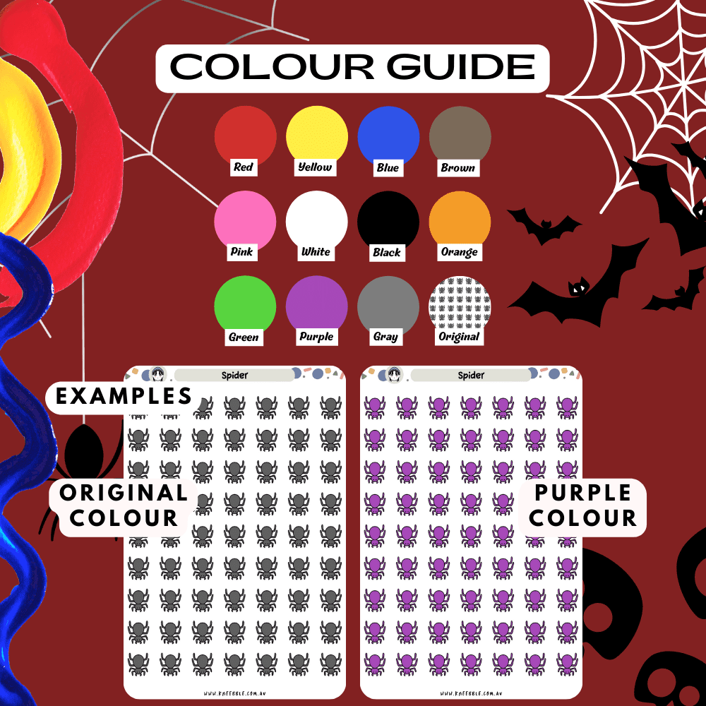 Spider bug sticker sheet colour guide reference, choose from many colours such as red and purple.