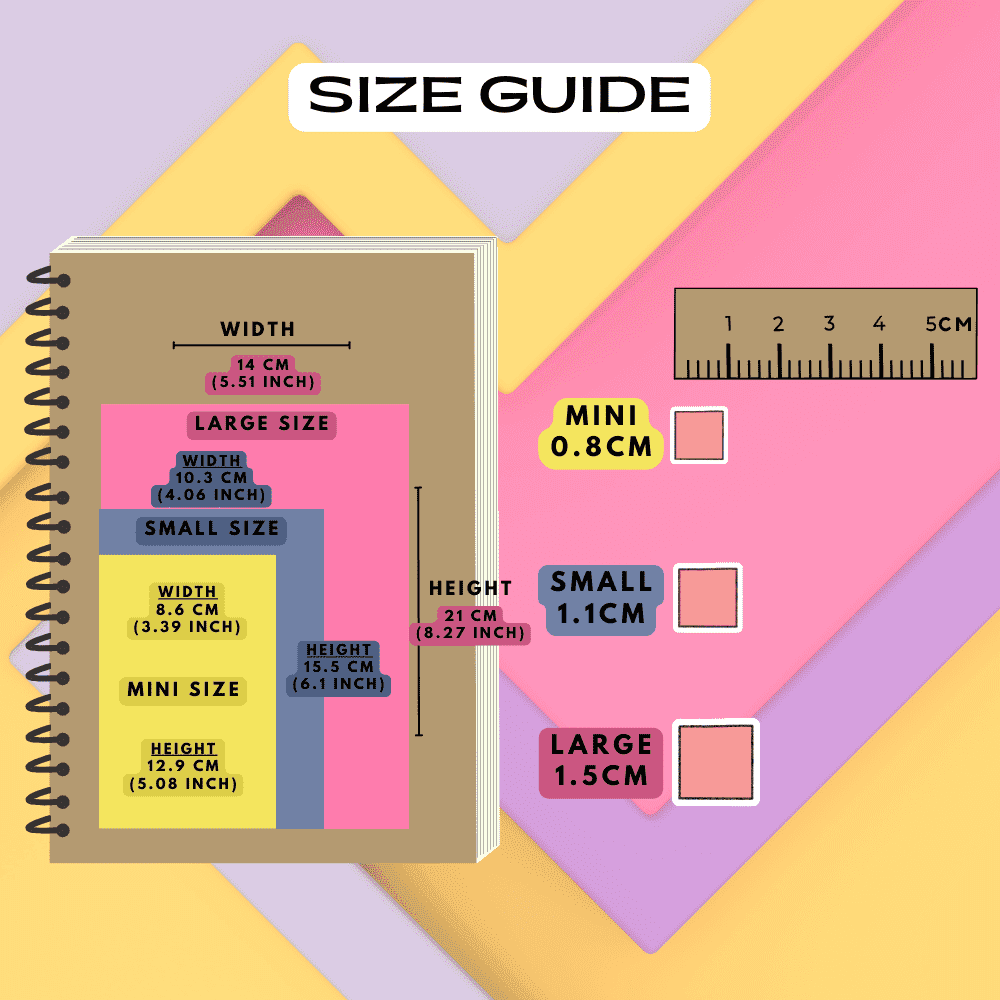 Square icon shape stickers size guide comparison, offering mini, small and large sizes.