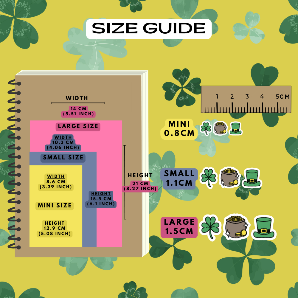 St Patrick's Day icon stickers size guide comparison reference, choose from mini, small and large sizes.