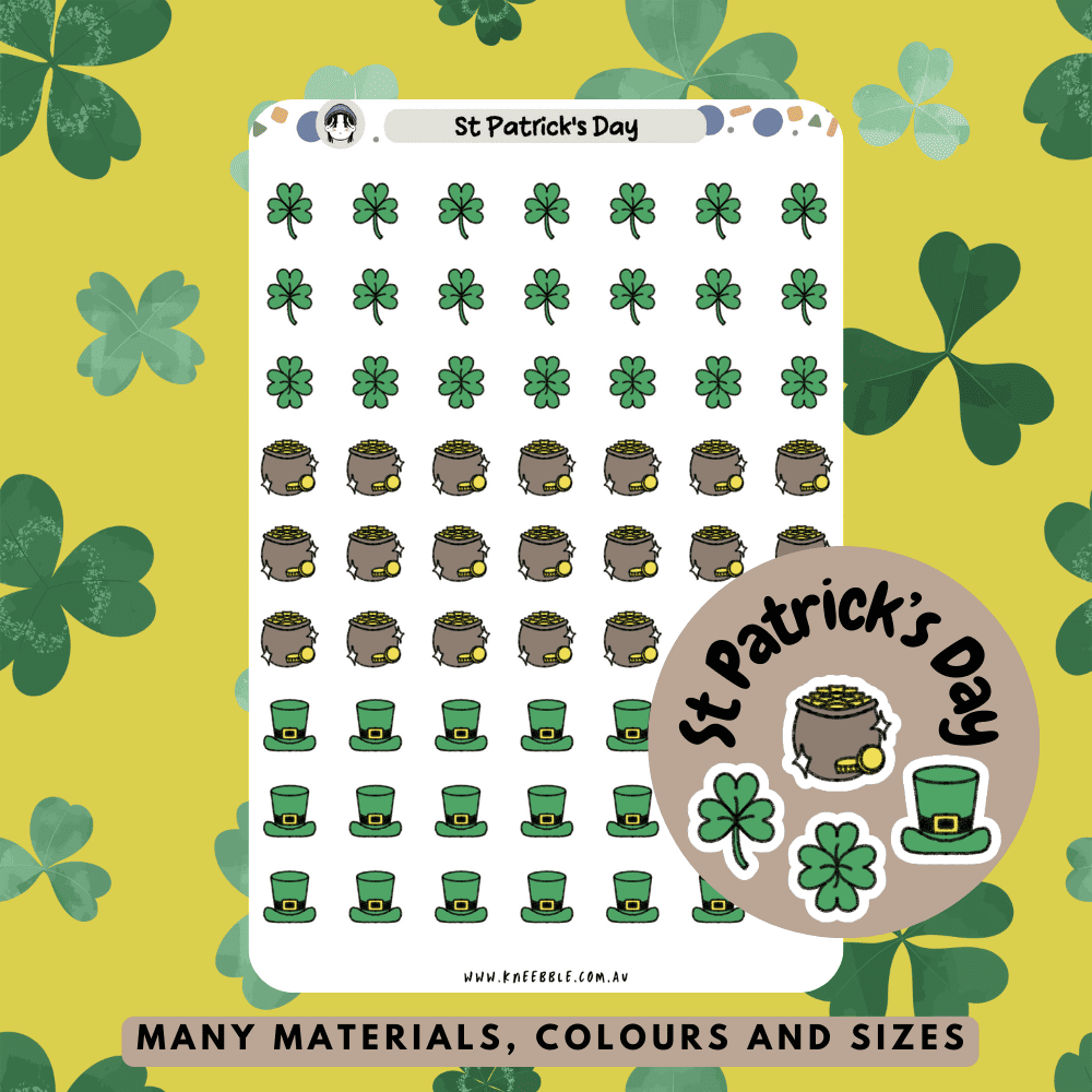 Stickers featuring St. Patrick's Day designs, including shamrocks, leprechauns, pots of gold, and other festive Irish symbols, perfect for celebrating the holiday in your planner or journal.