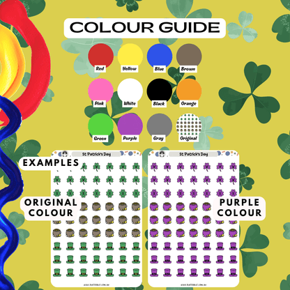 St Patrick's Day sticker sheet colour guide reference, choose from many colours such as purple and red.