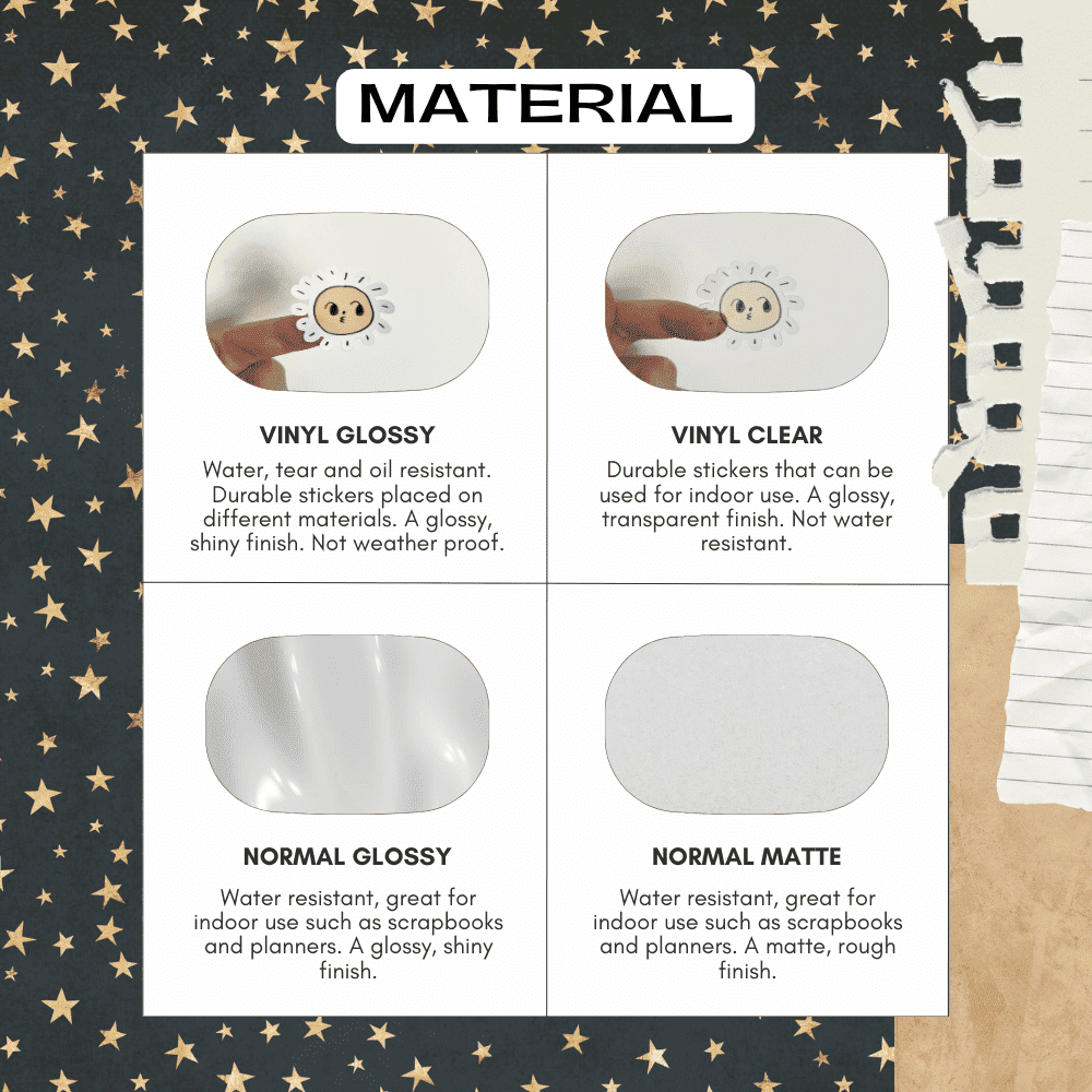 Material guide for star stickers which features glossy, vinyl, transparent and matte materials to choose from.