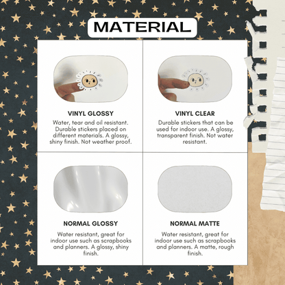 Material guide for star stickers which features glossy, vinyl, transparent and matte materials to choose from.