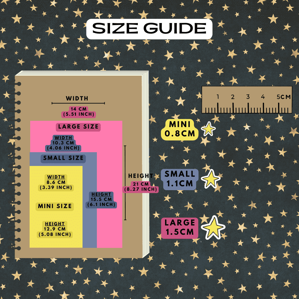 Star sticker measurement size guide comparison.