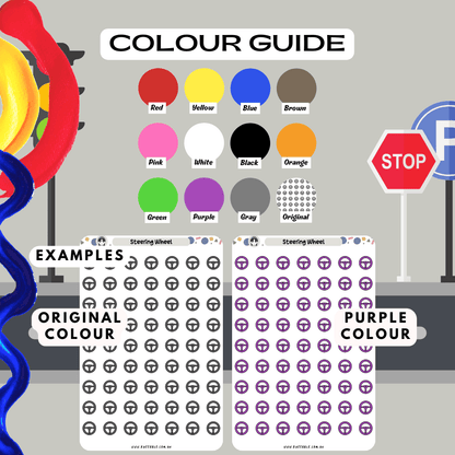 Steering wheel driving colour guide stickers, choose from many colours such as red and purple.