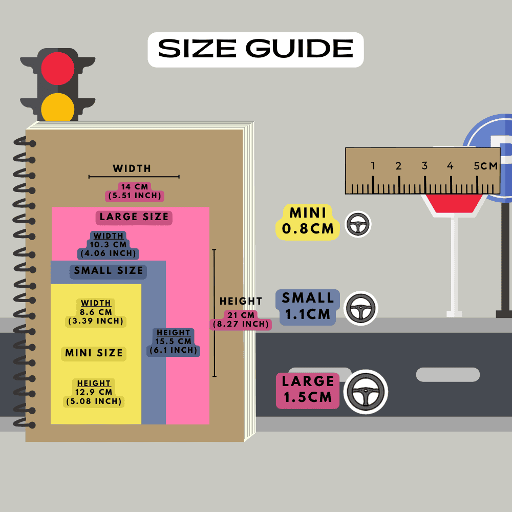 Steering wheel planner stickers size guide, choose from mini, small and large sizes.