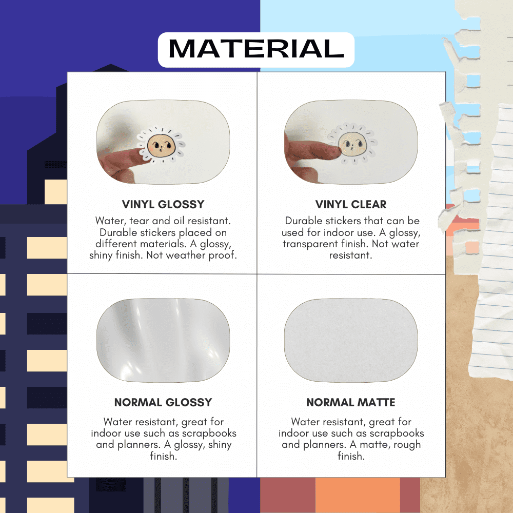 Sticker material guide for day routine box label strip stickers, choose from vinyl, glossy, matte and transparent options.