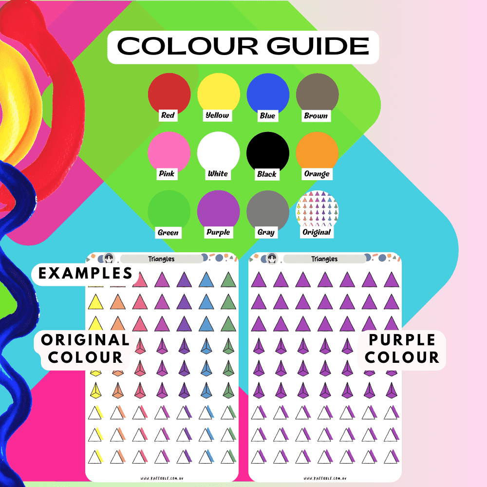 Colourful triangle sticker sheet shape colour guide including rainbow colours and more options.