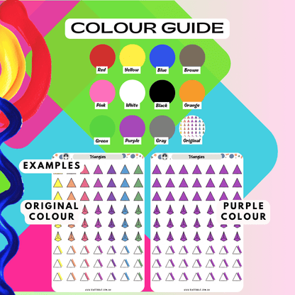 Colourful triangle sticker sheet shape colour guide including rainbow colours and more options.