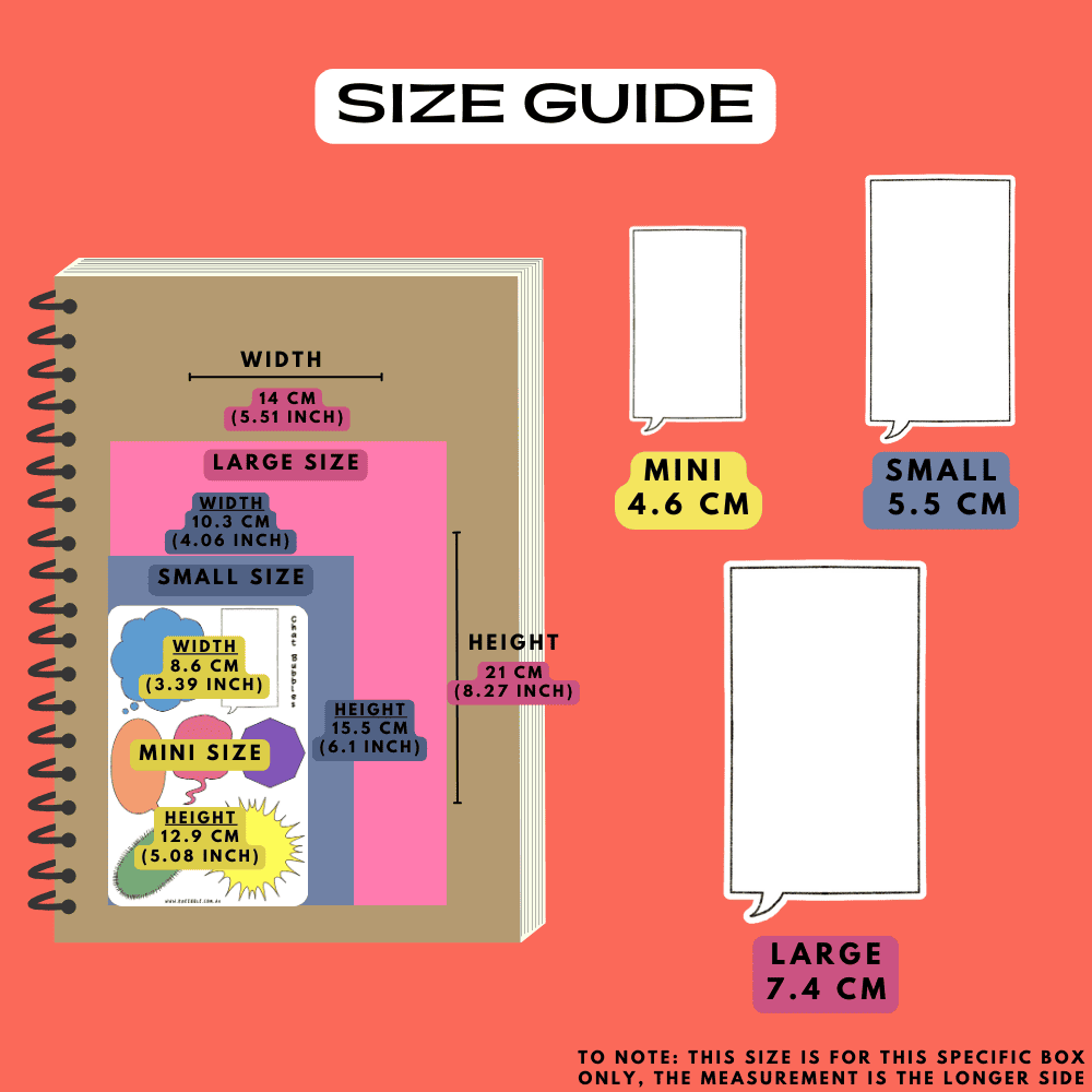 Sticker size guide for chat bubble label stickers, choose from mini, small and large sizes.