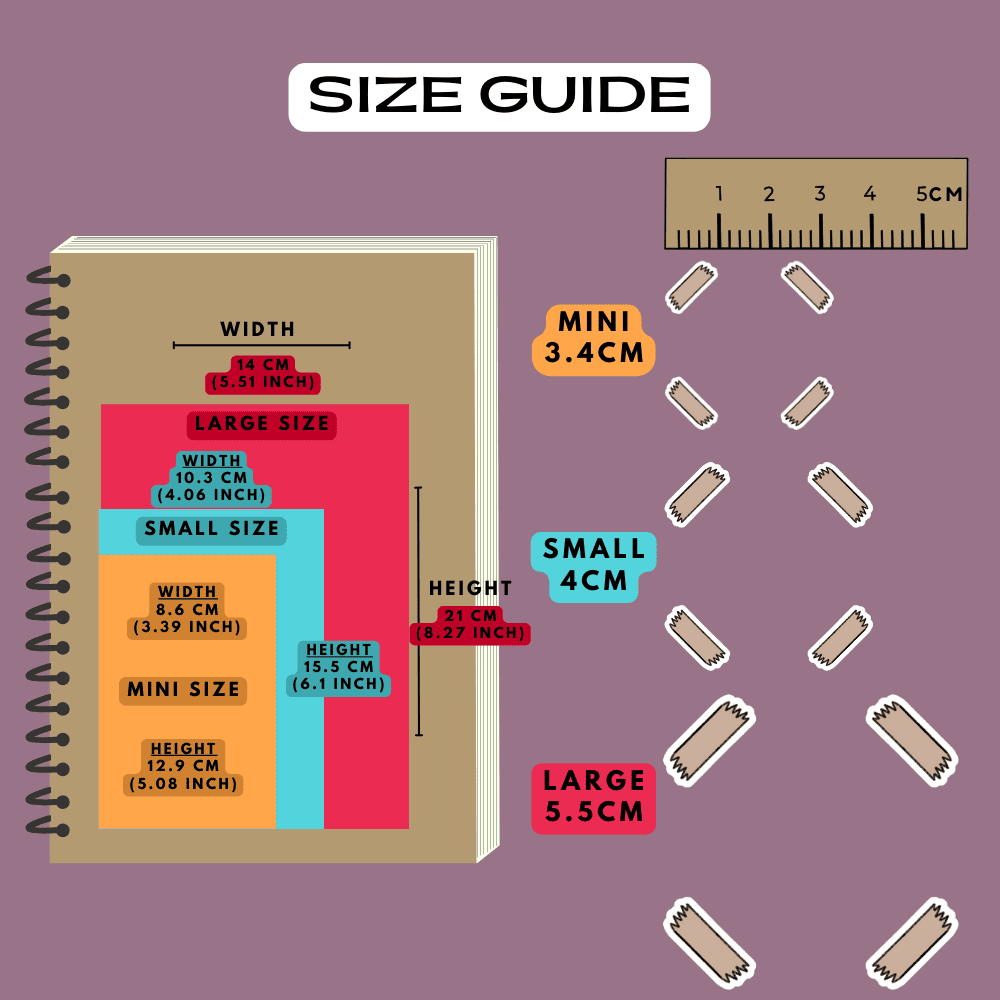 Sticky tape frame border sticker icon size guide reference, choose from mini, small and large sizes.