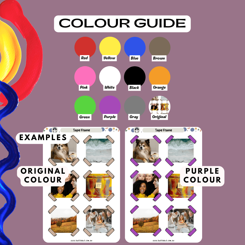 Sticky tape frame border sticker sheet colour guide, choose from many colours such as red and purple.