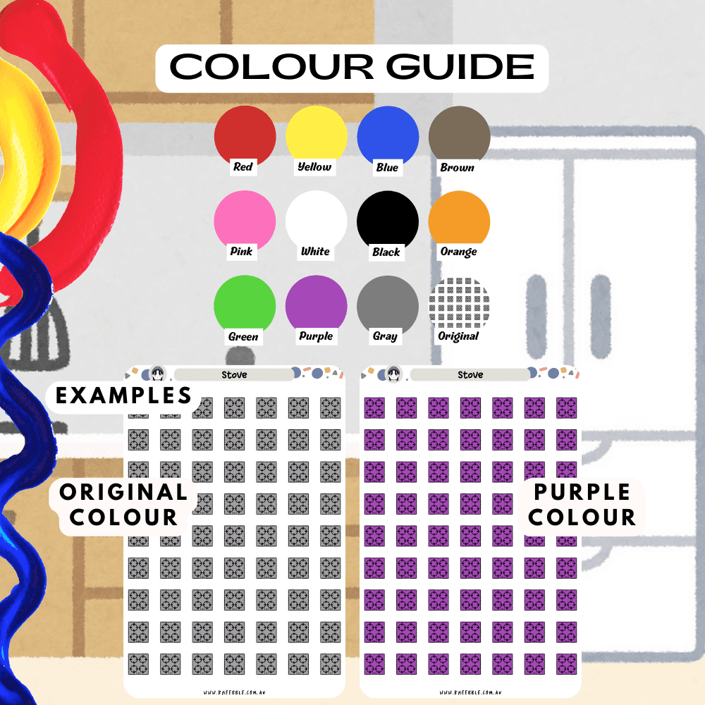 Stove kitchen appliances sticker sheet colour guide reference, choose from many colours such as purple and red.