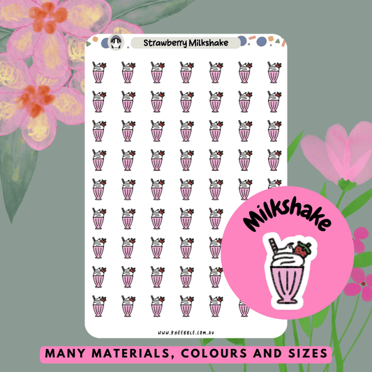 Adorable strawberry milkshake planner stickers featuring a pink milkshake in a glass with a straw, perfect for adding a cute and sweet touch to planners, journals, or scrapbooks.