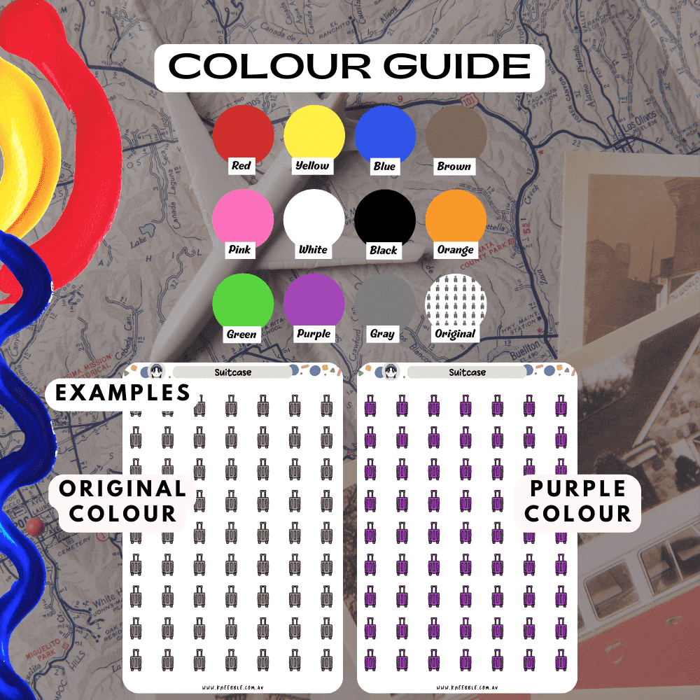 Grey suitcase sticker sheet colour guide examples including options such as purple and red to choose from.