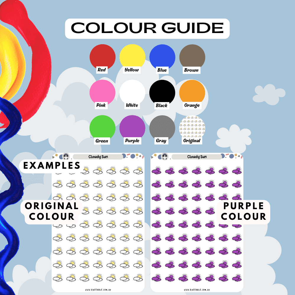 Sunny cloudy weather sticker sheet colour guide reference, choose from many colours such as purple and red.