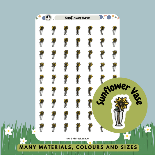 Stickers featuring a vase filled with vibrant sunflowers, perfect for adding a cheerful and bright floral touch to planners, journals, or decorative projects.