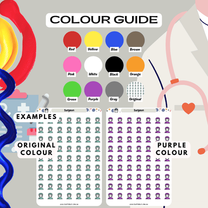 Surgeon icon medical stickers colour guide, choose from many colours such as red and purple.