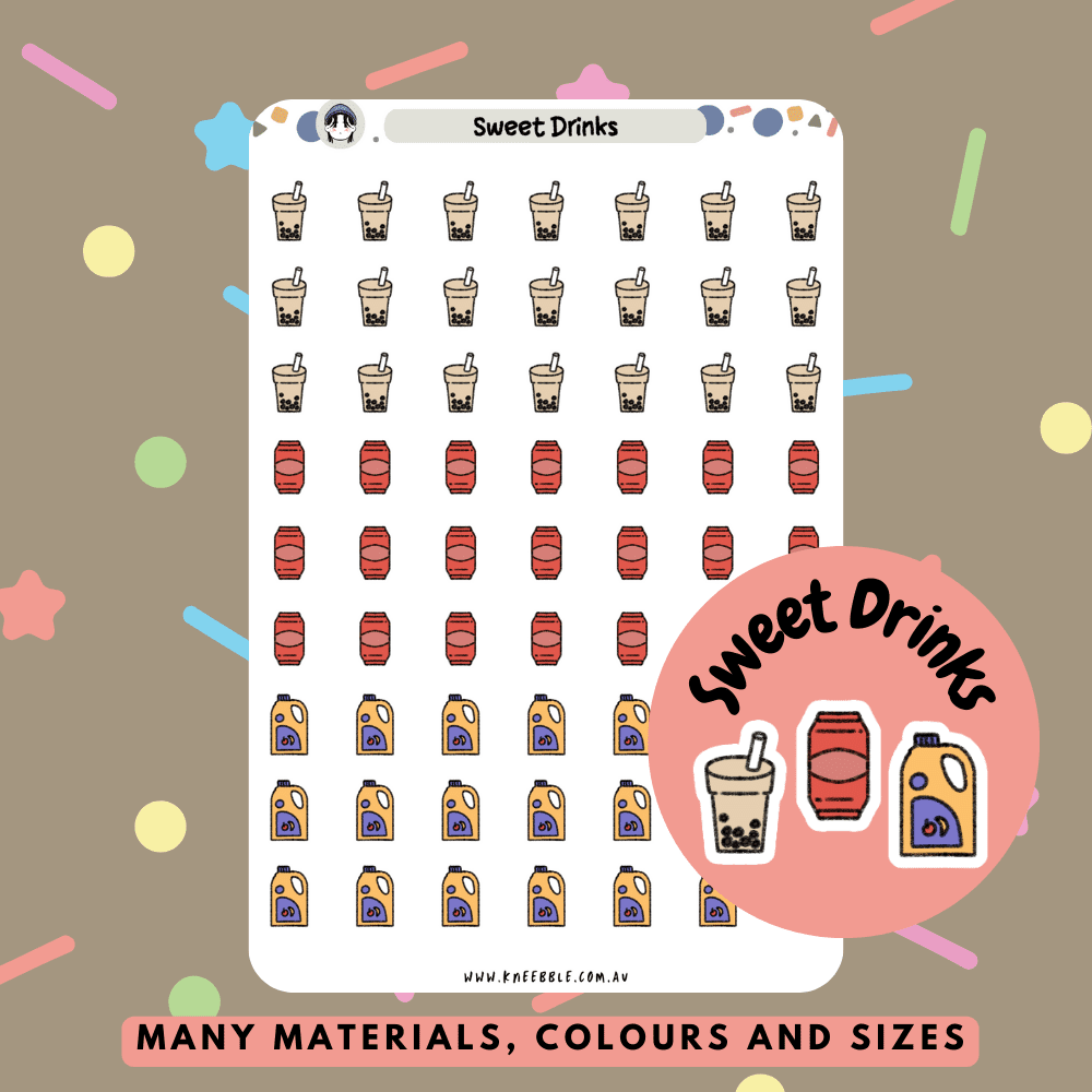 Sweet drink beverage stickers great for marking drinking activities, food planning or decorating your journals and scrapbooks with mini icon stickers. Featuring bubble milk tea, soft drink cans and fruit juice.