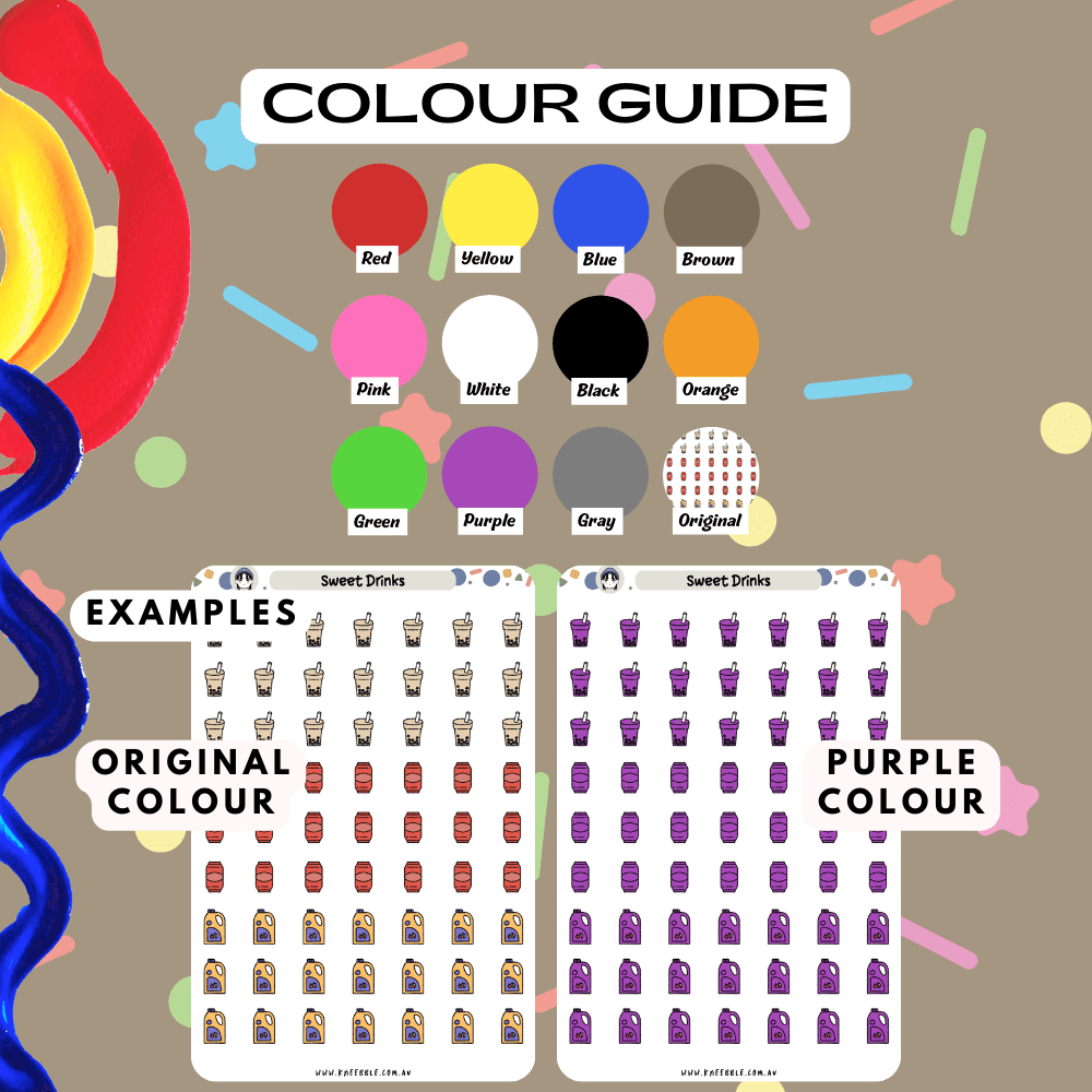 Sweet drinks beverage sticker sheet colour guide reference, choose from different colours such as red and purple.