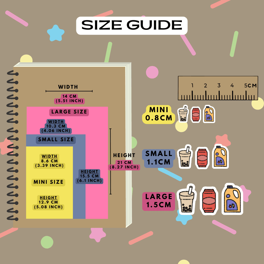 Sweet beverages mix icon stickers size guide comparison reference sheet.