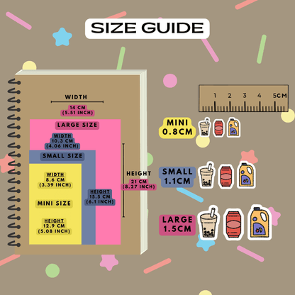 Sweet beverages mix icon stickers size guide comparison reference sheet.