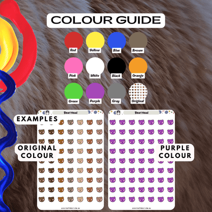 Brown bear head stickers colour guide reference, choose from many colours such as purple and red.