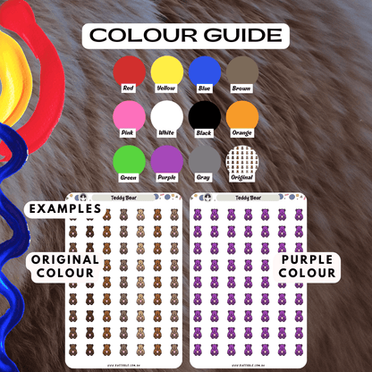 Teddy bear planner stickers colour guide reference, choose from many colours such as purple and red.