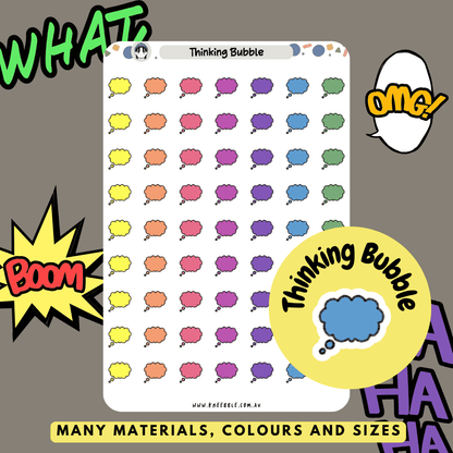 Stickers featuring thinking or thought bubbles, often depicted as cloud-like shapes with small dots leading up to them, perfect for adding moments of reflection, pondering, or imagination to planners and journals.