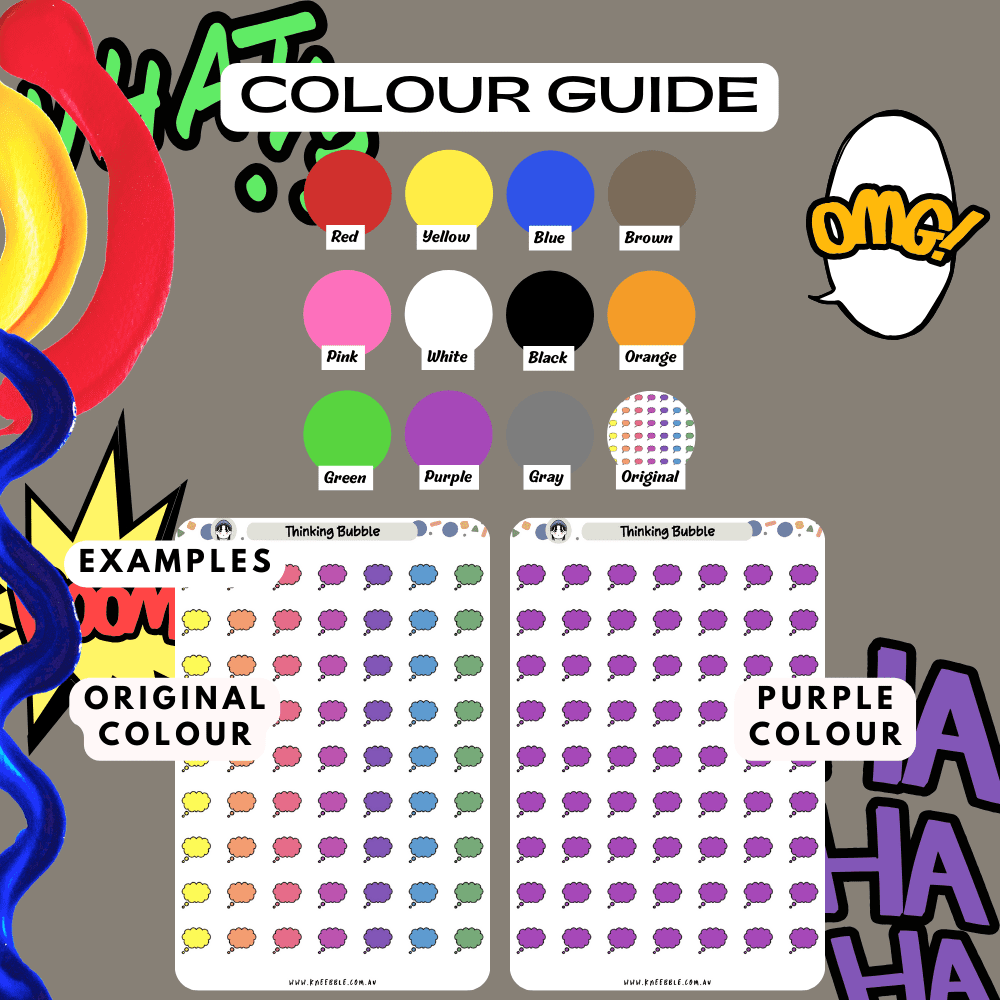 Thinking ponder bubble sticker sheet colour guide reference, choose from many colours such as red and purple.