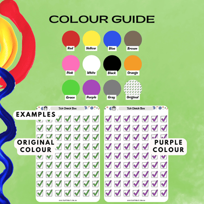 Sticker sheet colour guide for tick check box including green and more colours.