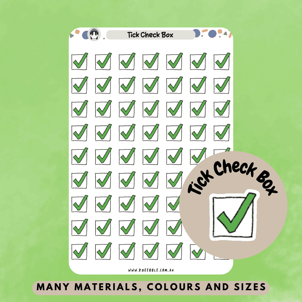 Checkbox sticker with green tick mark and box, checklist for diaries, journals and habit trackers. 