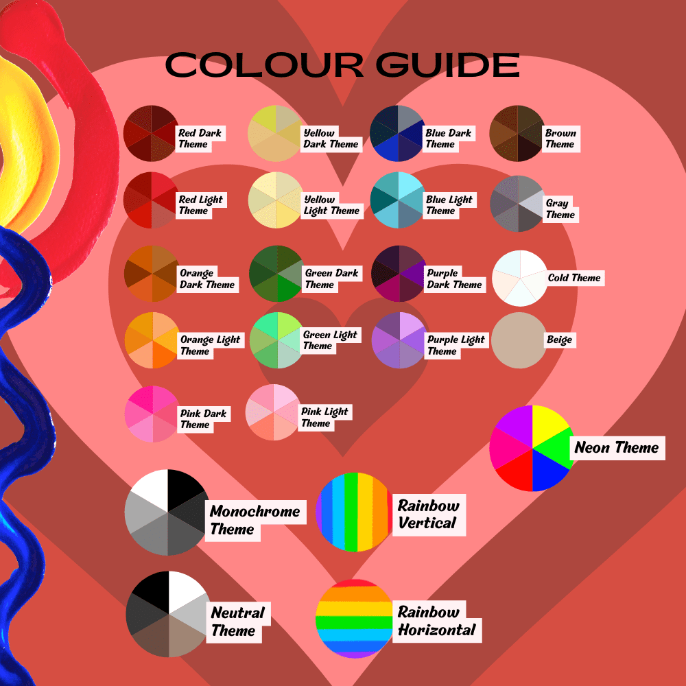 Heart sticker icons colour guide option including themes such as rainbow and monochrome colours.