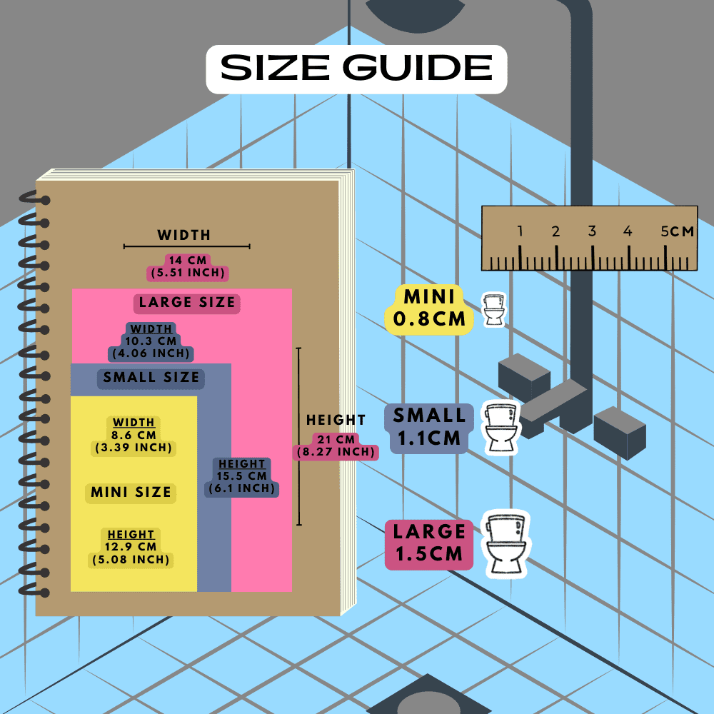 Toilet bathroom stickers size guide comparison reference sheet.