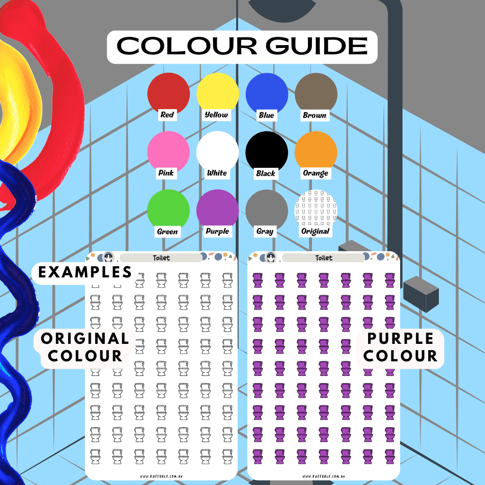 Toilet restroom planner sticker sheet colour guide reference, choose from many colours such as purple and red.