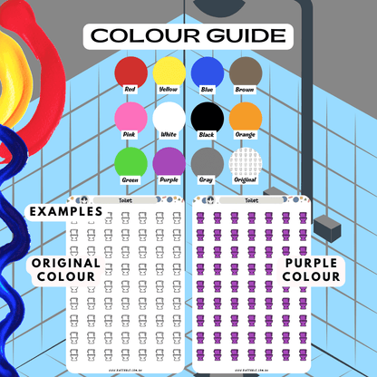 Toilet restroom planner sticker sheet colour guide reference, choose from many colours such as purple and red.