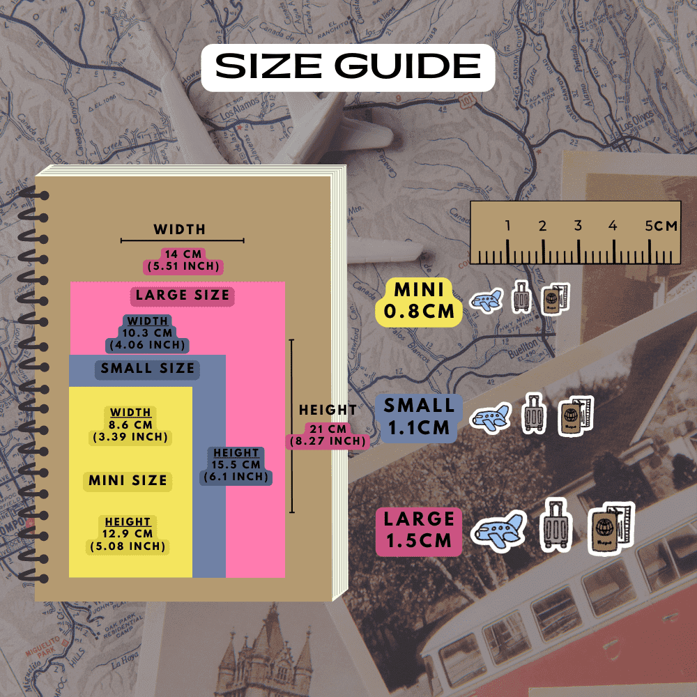 Travel suitcase ticket planner stickers size guide comparison reference guide.