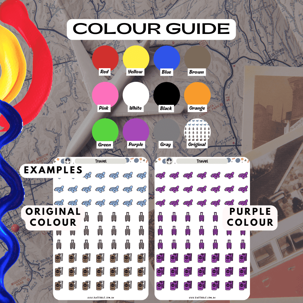 Travel icon sticker sheet colour guide including brown, grey and blue colours.