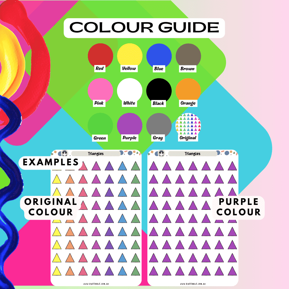 Colourful triangle sticker sheet icon shapes colour guide including rainbow and purple colours.