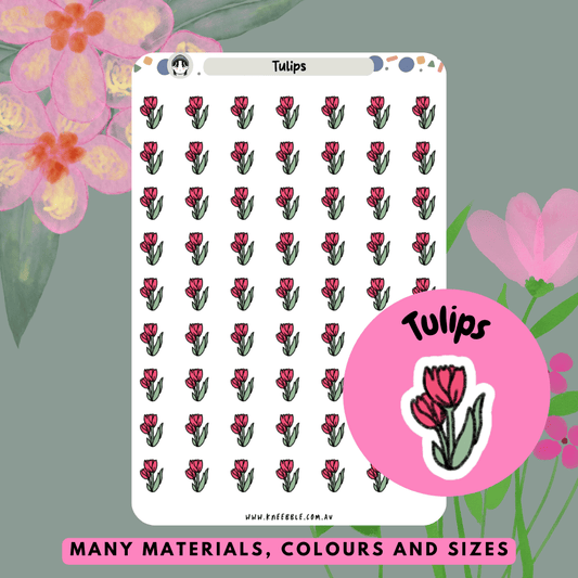 Beautiful tulip planner stickers featuring colourful blooming tulips, perfect for adding a fresh and floral touch to planners, journals, or scrapbooks.