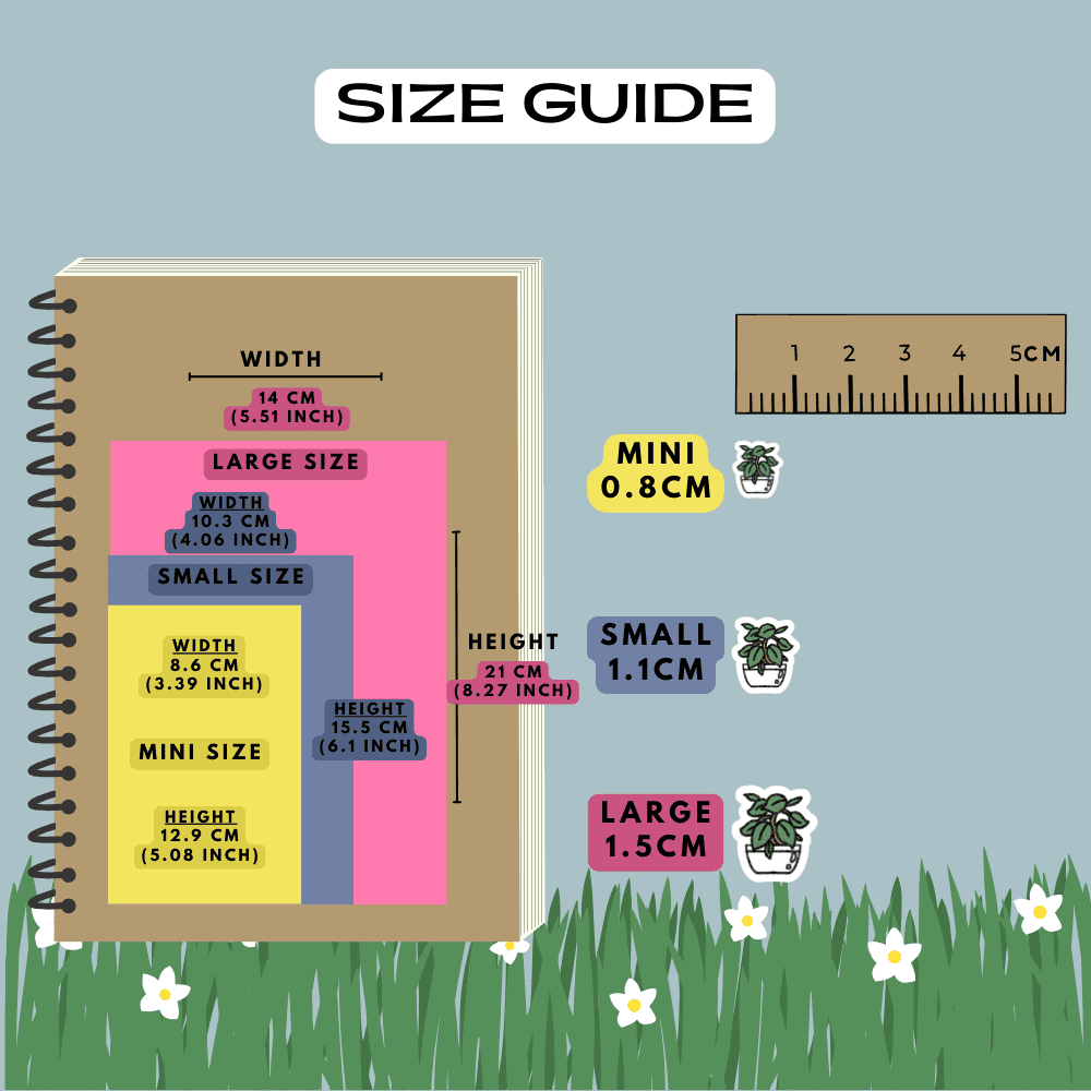 Vine pot plant nature icon stickers size guide comparison reference, choose from mini, small and large sizes.