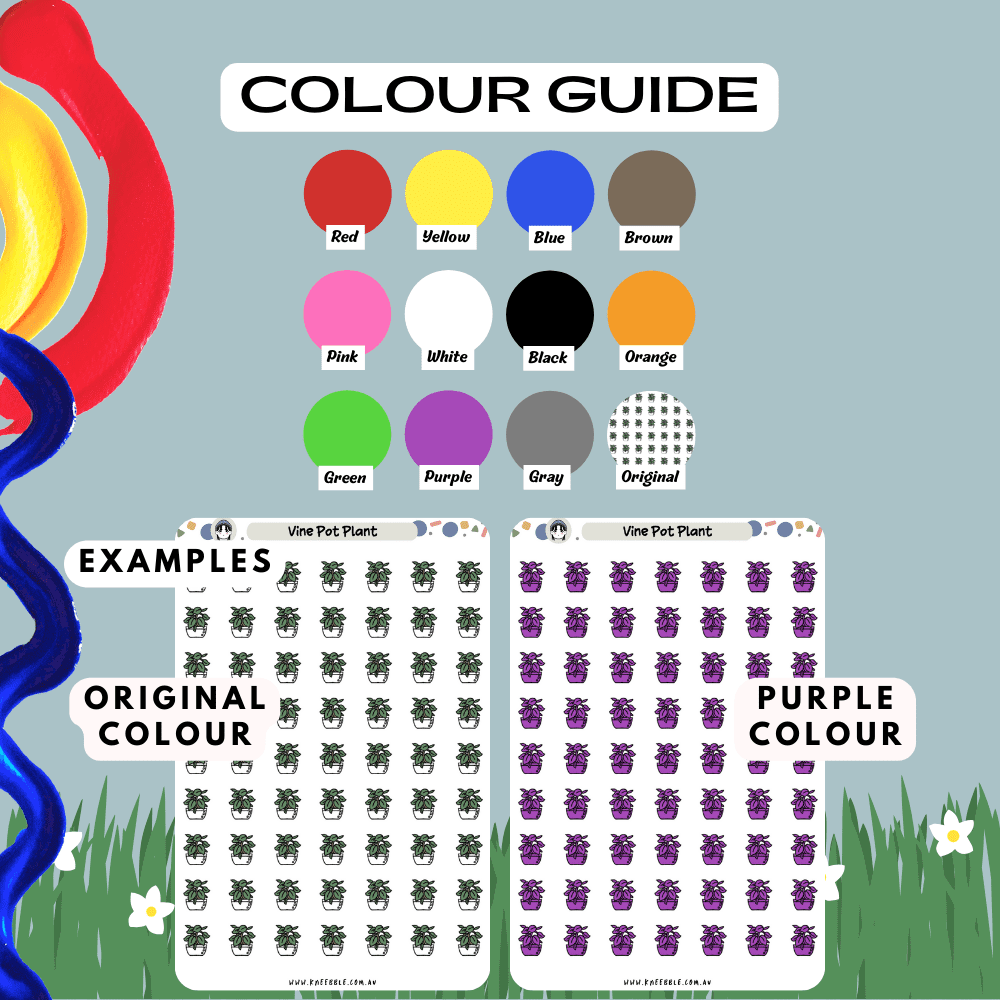 Vine pot plant sticker sheet colour guide reference, choose from many colours such as red and purple.