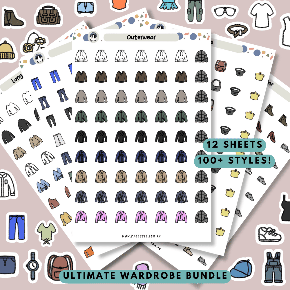 Stickers featuring wardrobe and clothing bundle designs, ideal for planning outfit rotations, wardrobe organization, or marking closet decluttering sessions in planners or journals.