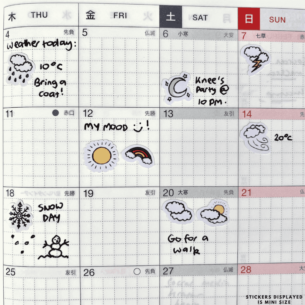 Weather season stickers placed in a journal, great to keep track of certain days and their weathers to plan accordingly for activities and events.