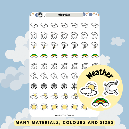 Stickers featuring various weather designs, including sunny, rainy, snowy, and cloudy conditions, perfect for tracking weather patterns and adding a thematic touch to planners and journals.