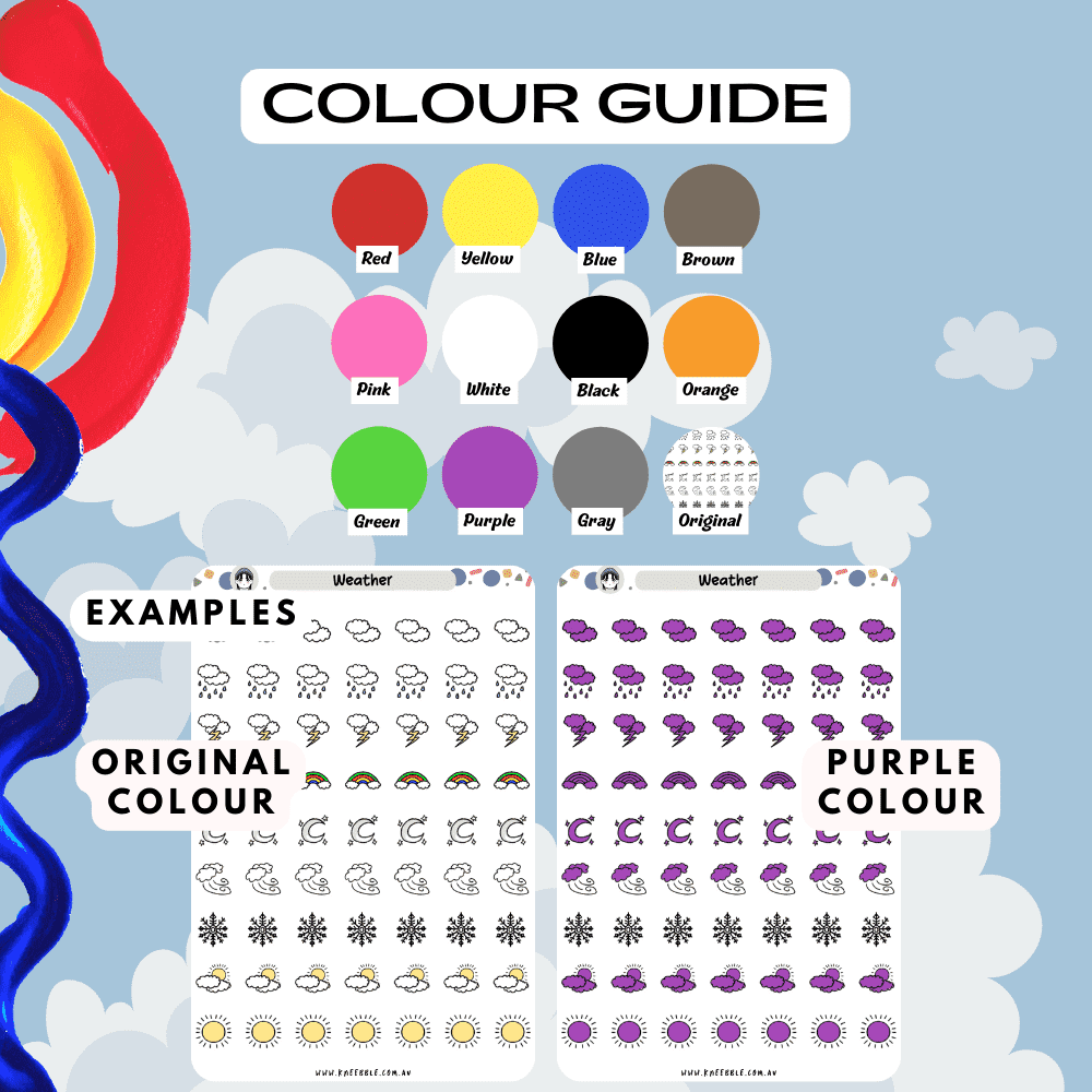 Weather season sticker sheet colour guide reference, choose from many colours such as purple and red.