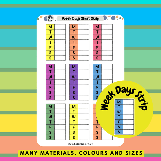 Short strip stickers featuring the days of the week, perfect for labelling and organizing weekly plans, tasks, or events in planners or journals.